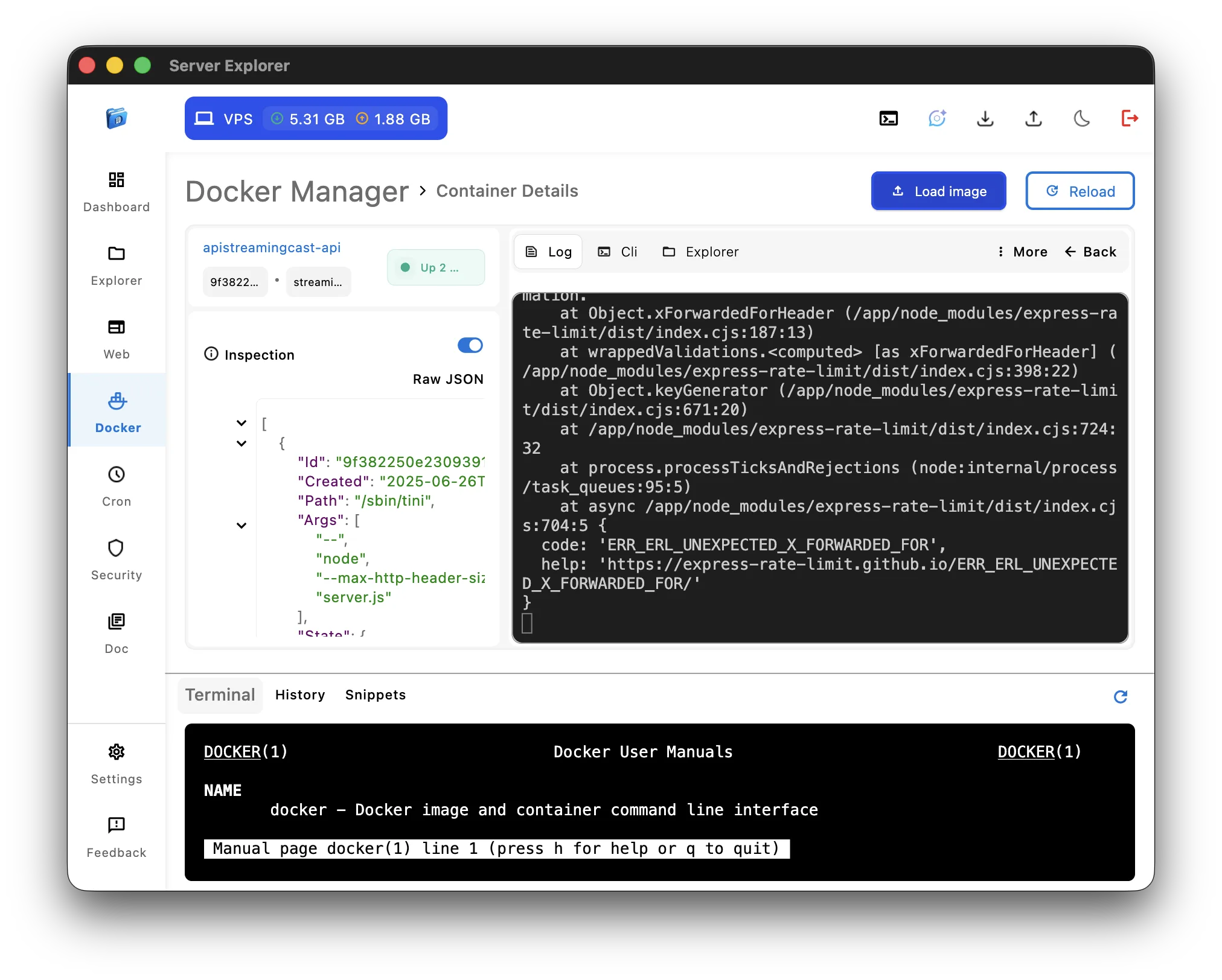 Container details view showing environment variables and logs panel