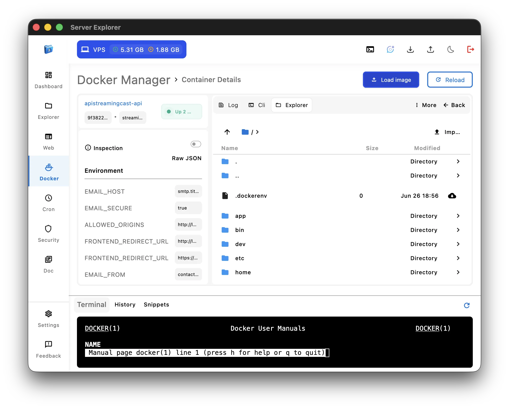 Container filesystem explorer showing directory structure