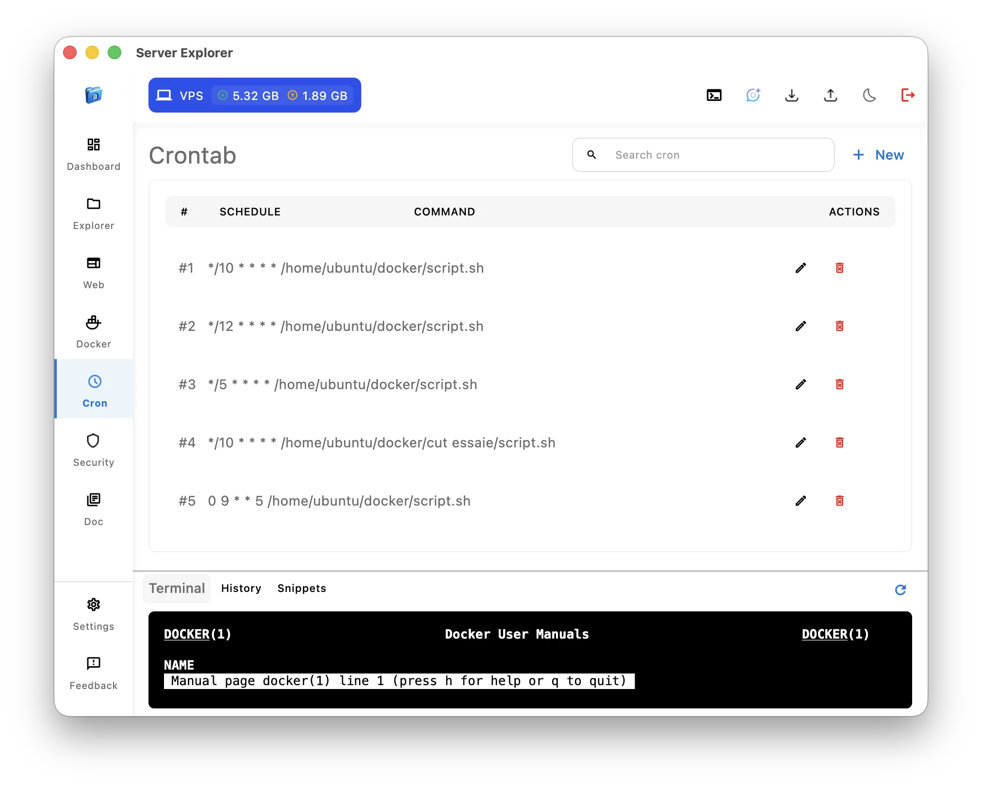 Manage cron tasks on server with Server Explorer
