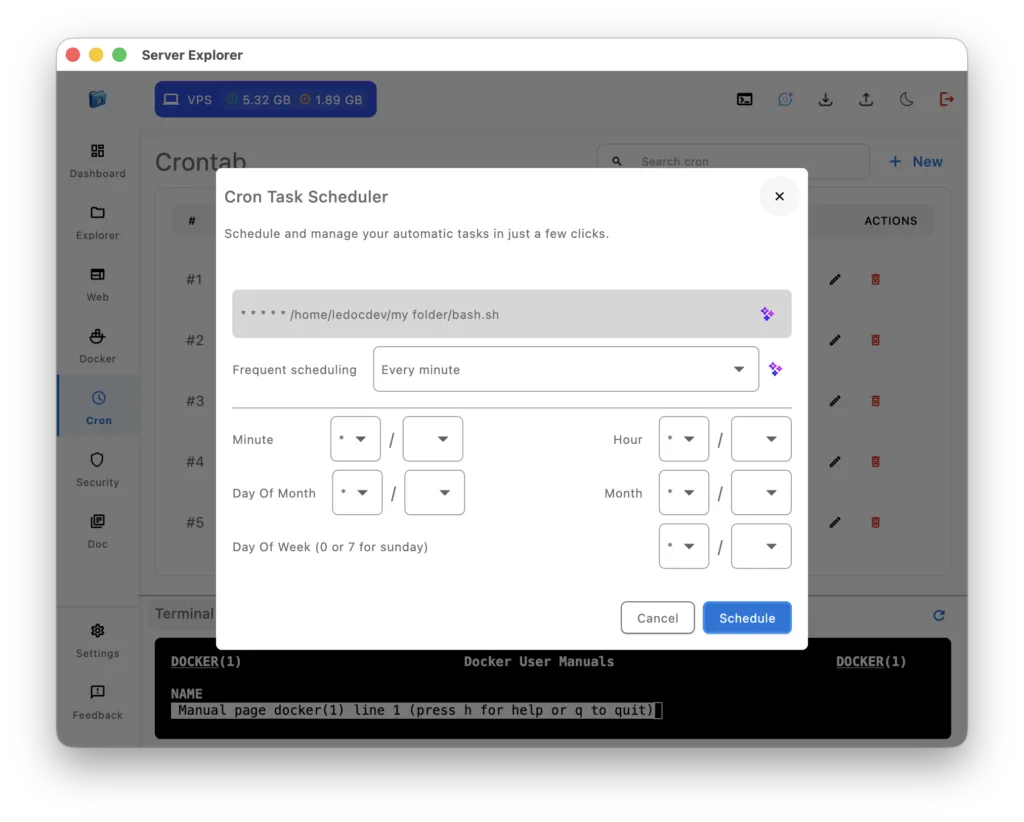 Cron job scheduler interface with frequency selection - server explorer
