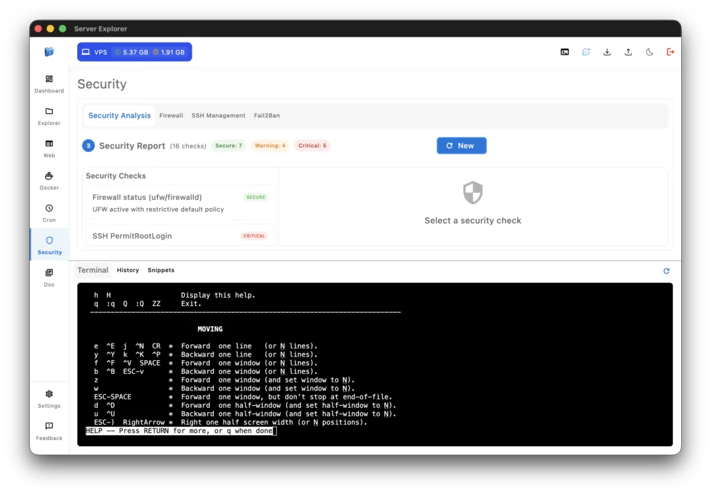 Security analysis dashboard showing scan results and recommendations