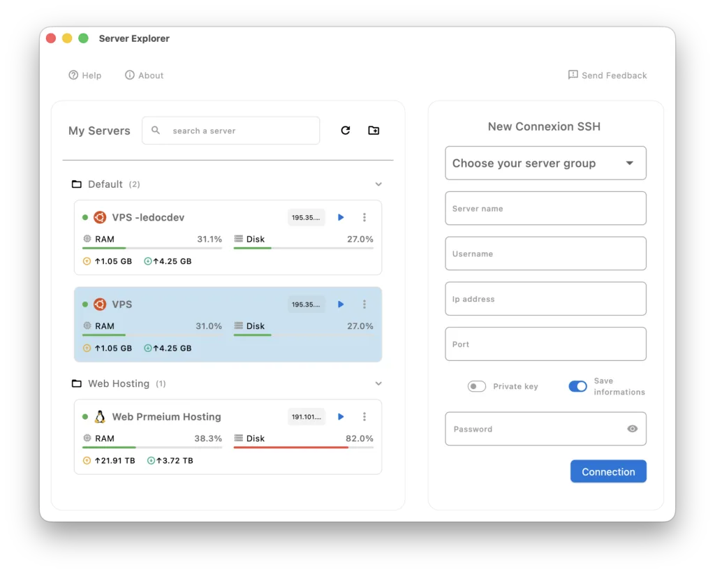 Server connection interface showing the add server dialog with fields filled in