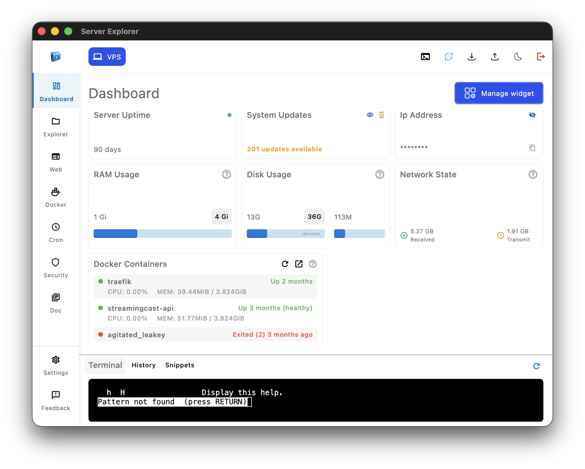 Network, Ram Usage, Disk Usage, docker widget