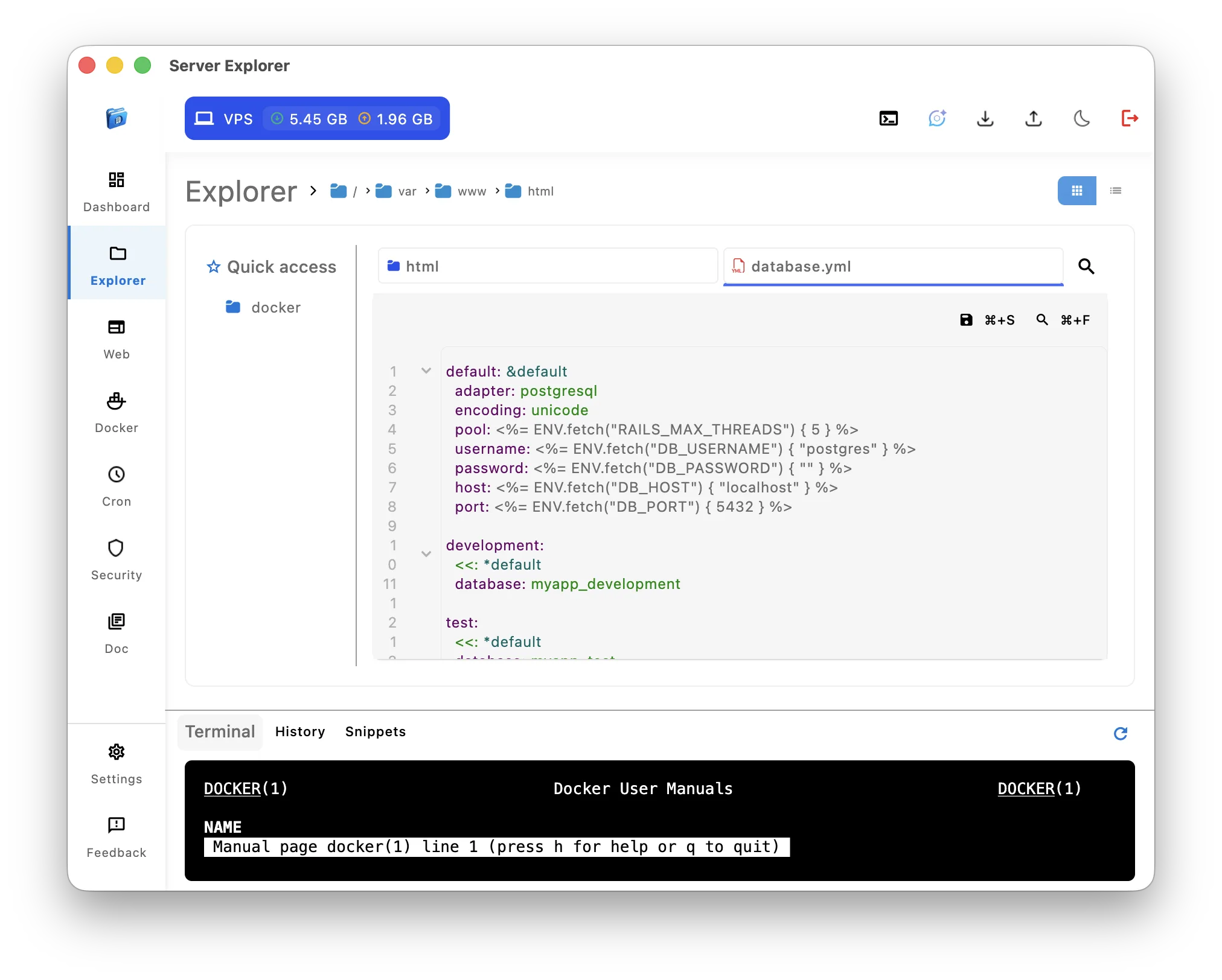 Server Explorer text editor displaying the database.yml file inside /var/www/html/app/config