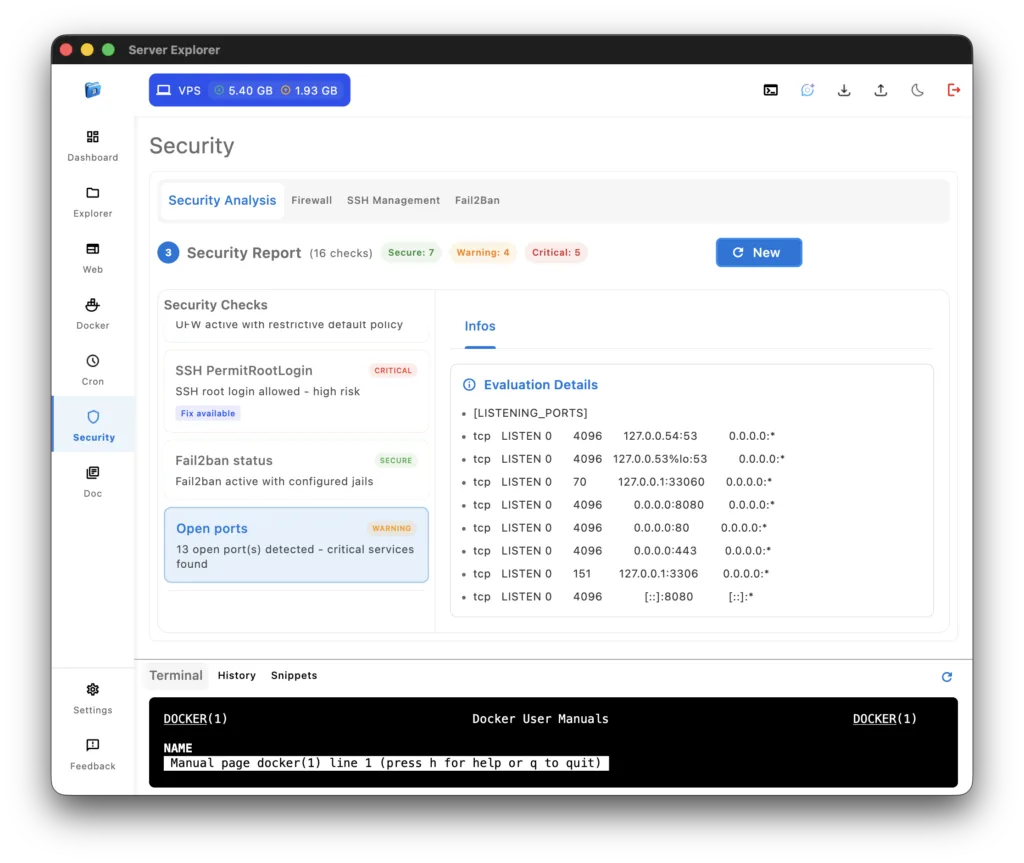 Open ports list showing port numbers, services, and security assessment